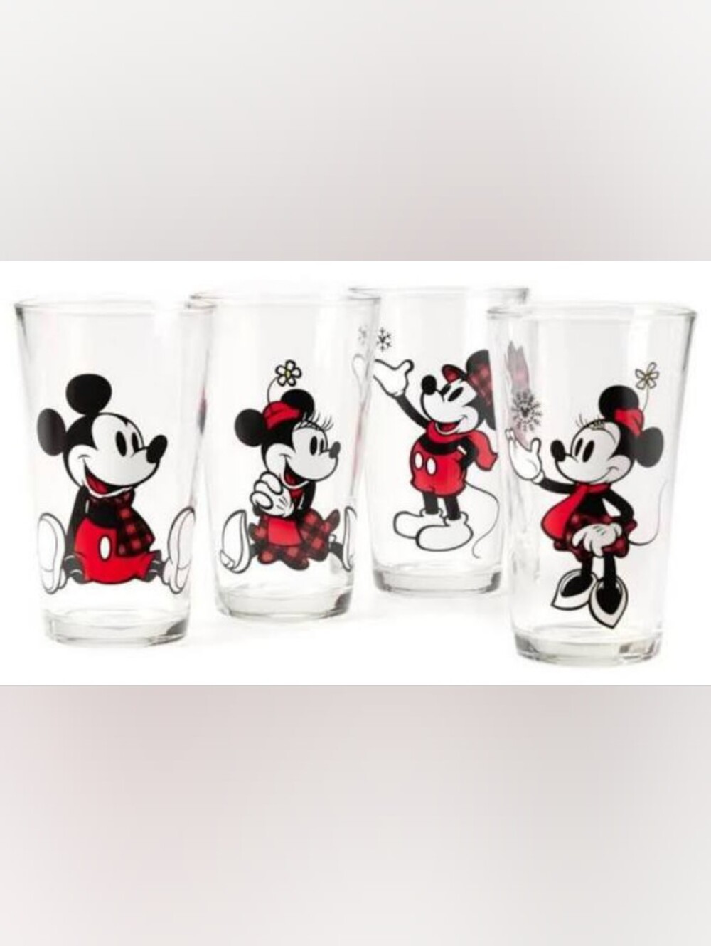 🌀 New Mickey & Minnie Mouse Farmhouse Red & Black Plaid Tea Glasses Set of 4